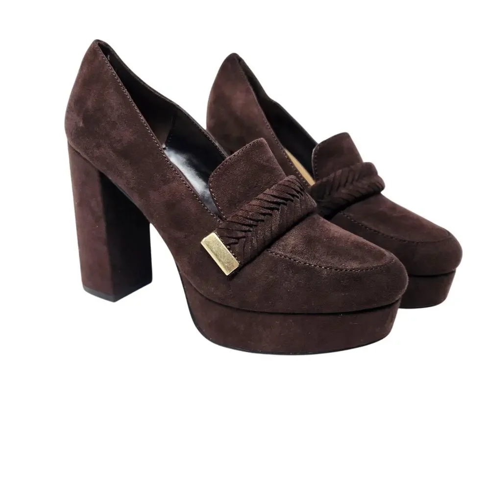 Just Fab JF Brown Suede Adele Braided Slip On Heeled Loafers Pump Sandals Size 7